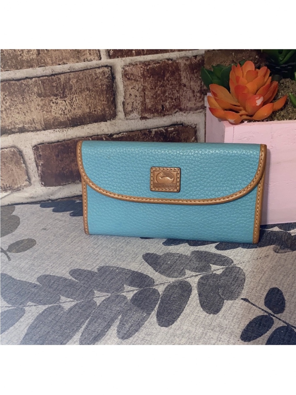 Dooney & Bourke Turquoise Pebbled Leather Continental Wallet with Tan Trim